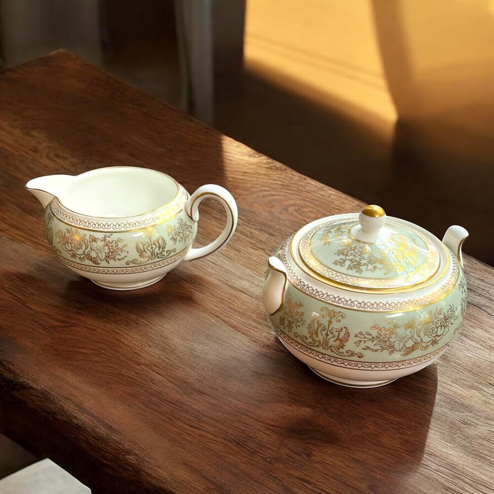 Wedgwood Columbia Gold Sage Green Creamer & Lidded Sugar Bowl Set China Griffin